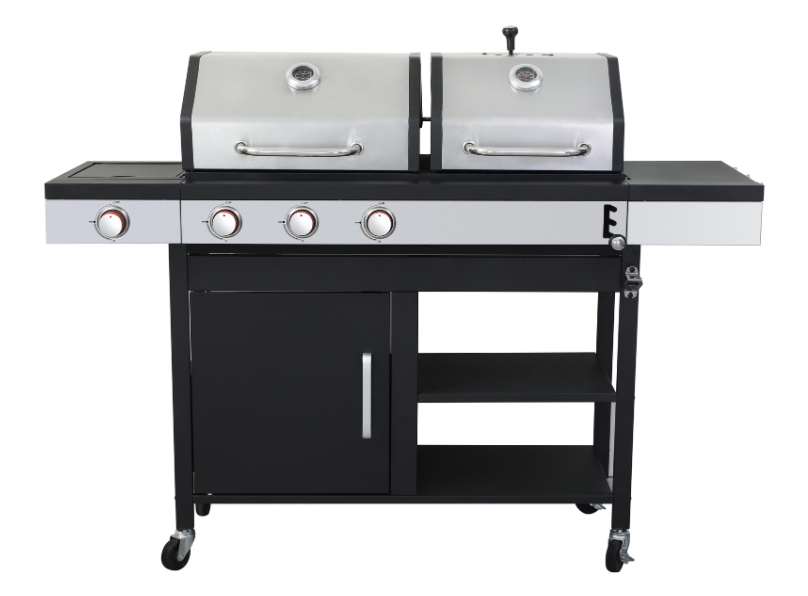 1000048770 Dual Fuel 3 Burner Gas & Charcoal BBQ Grill 3 + 1 Side Burner & Warming Trays