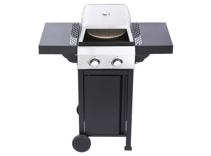 2 Burner Gas BBQ Grill or Pizza Oven with Foldable Tables & Thermometer